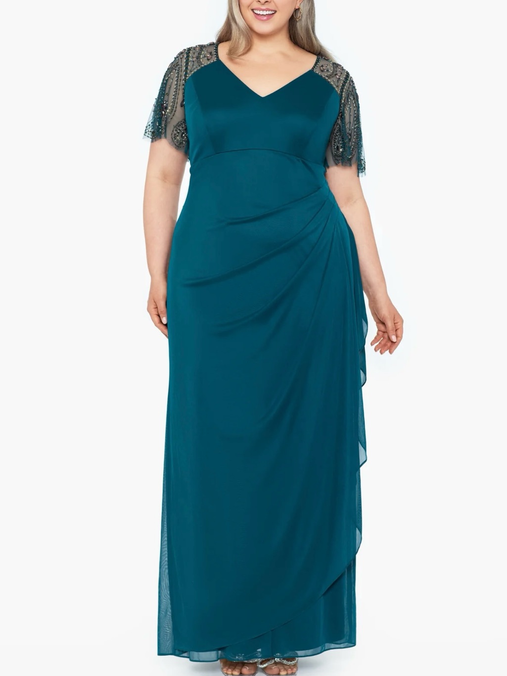 Xscape Teal V-Neck Evening Gown With Beaded Sleeve Detail
